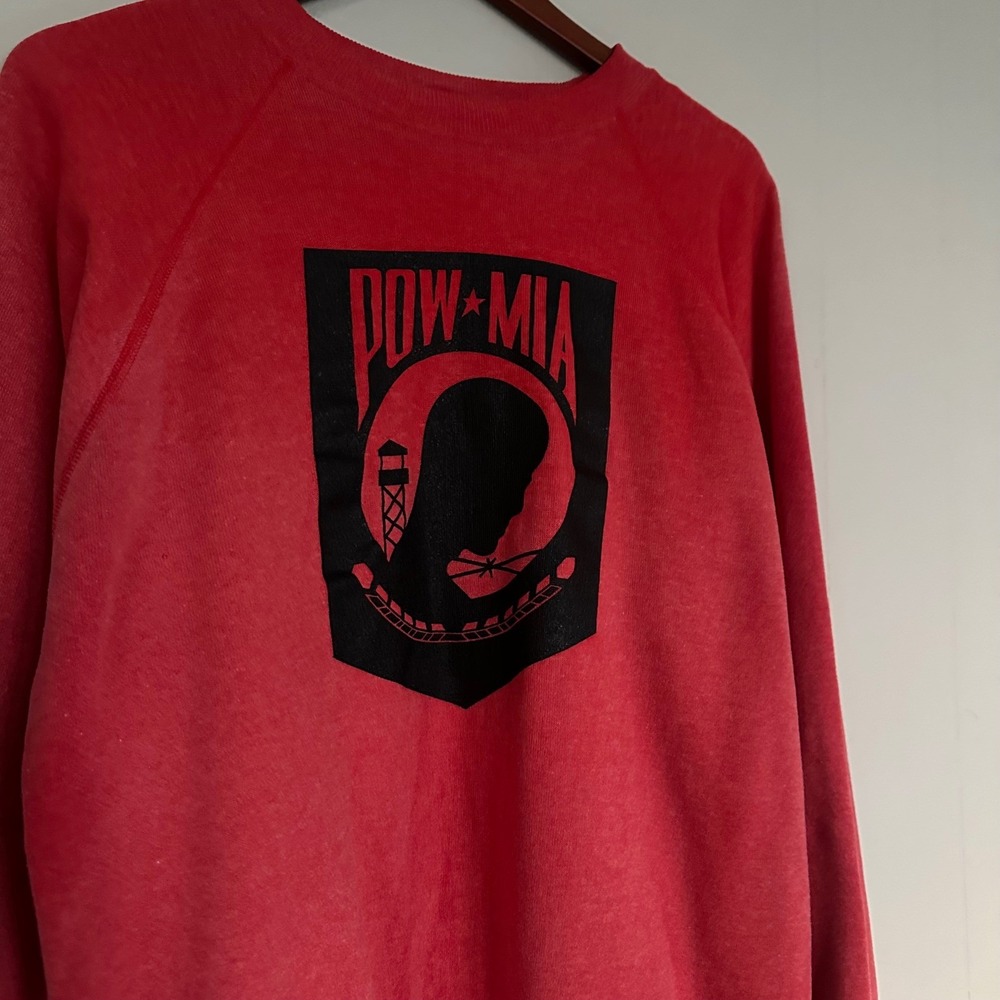 Vintage 80s Hanes POW-MIA Sweatshirt Size L Red Raglan